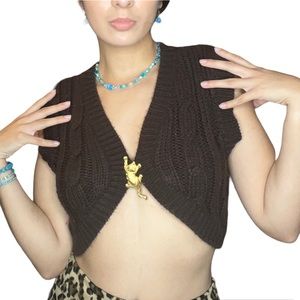 Y2K 2000’s Finger & Toe Brown Mini Knit Crochet Dark Brown Cárdigan Top
